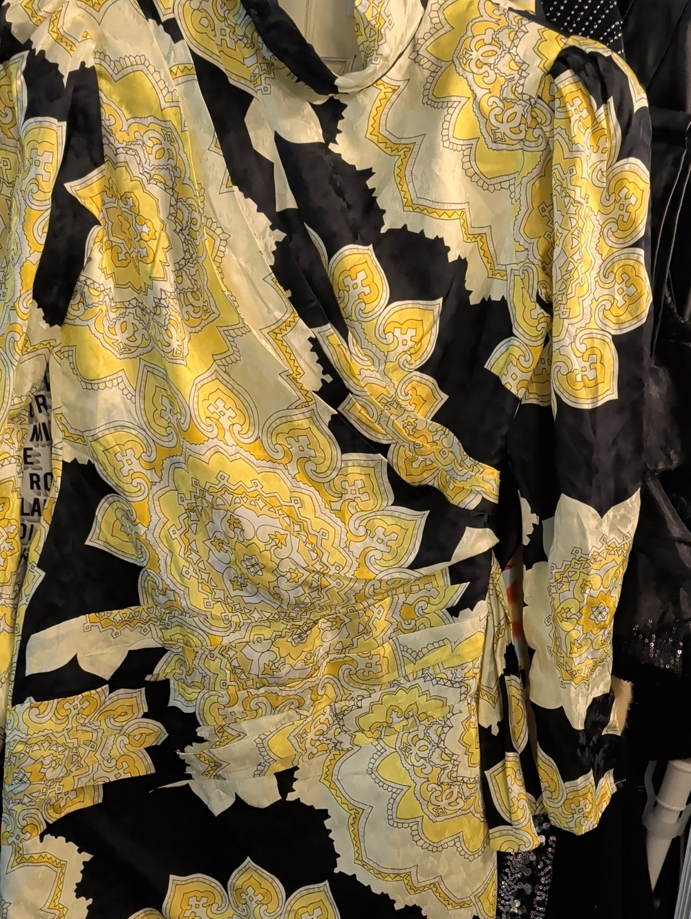 Ronny Kobo Collection Yellow, Black and Cream Printed Long Sleeve Wrap Dress